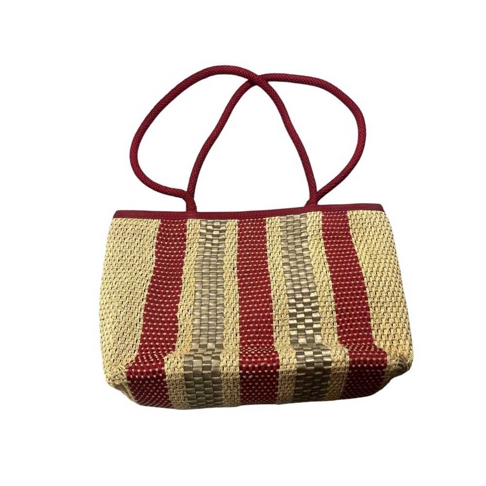 The Sak Red Tan Woven Straw Shoulder Bag Tote Boho Coastal Summer Purse